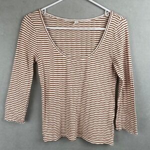 BP Nordstrom Women M Brown White Stripe Ribbed Scoop Neck Lettuce Cuff Indie Top